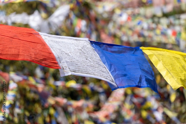 Fototapeta Nepal Nagarkot province Bagmati temple with flags in the wind