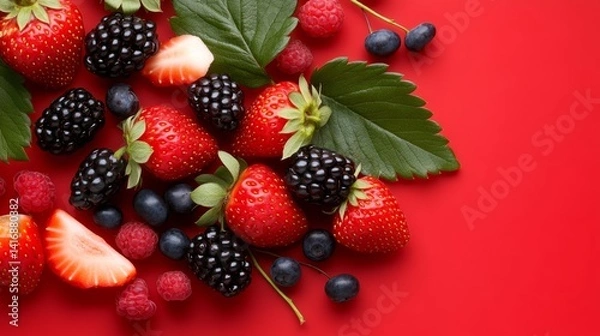 Fototapeta Bowl of strawberries and blackberries on a red background. The bowl is white and the fruit is fresh and colorful
