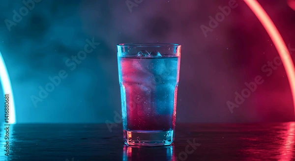 Fototapeta Simple glass of clear liquid (water or spirit) with ice, reflecting dramatic blue and red neon light smoke or mist. Mysterious, moody bar concept background.