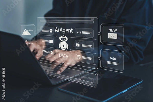 Fototapeta AI agents analyze businesses together with AI assistants to perform tasks that are tailored to their goals, such as education, content creation, data analysis sales content creation payroll processing