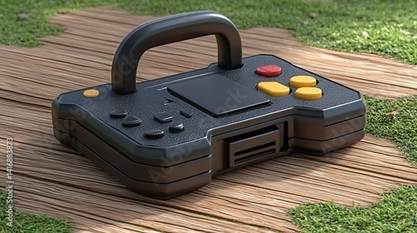 Fototapeta Portable retro-style game controller rests on wooden planks.