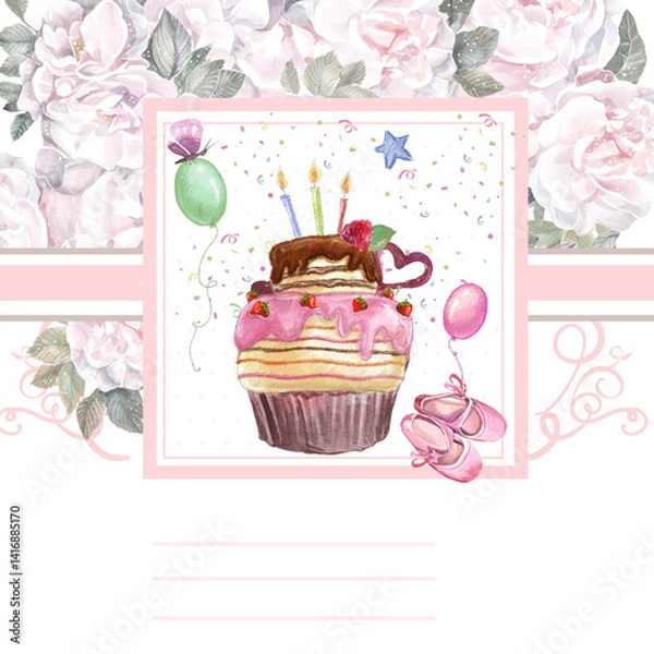 Obraz happy birthday to you card with cake, candles, balloons