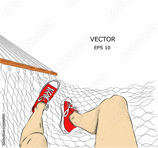 Obraz The girl lies in a hammock on the beach. Seascape. Vector illustration