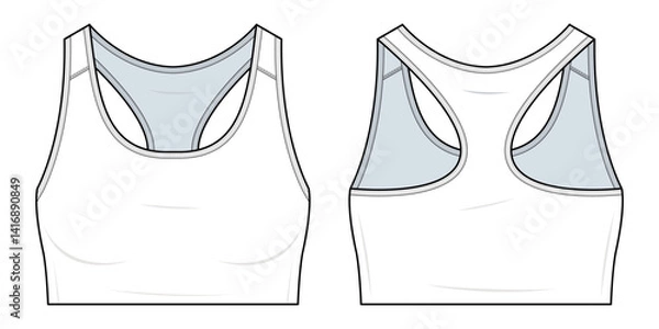 Fototapeta Racerback Sports Bra Technical Fashion Illustration. Fitted Crop Tank Vector Template. Front and Back View. Scoop Neckline. Activewear. White Color. CAD Mockup.