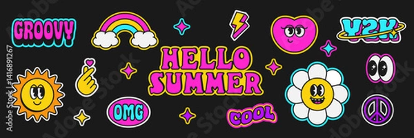 Fototapeta Set of nostalgic pop art sticker pack. Collection of funny and cute emoji and vintage lettering badges and graphic elements isolated on black background. Vector illustration