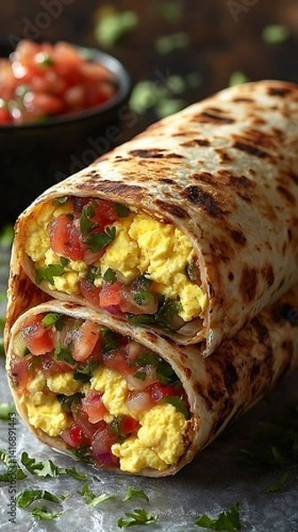 Fototapeta Two breakfast burritos stacked high, bursting with egg, salsa, and flavor.