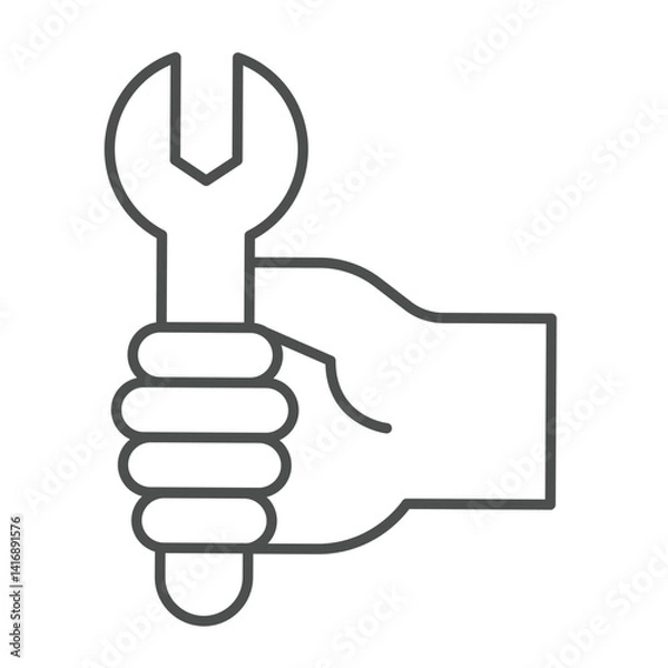 Fototapeta Wrench in hand thin line icon, repair service concept. Vector graphics. Human hand with wrench sign on white background, linear style icon for mobile or web design.