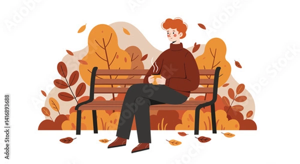 Obraz Young man with red hair sitting on park bench surrounded by autumn leaves in warm colors flat design vector illustration