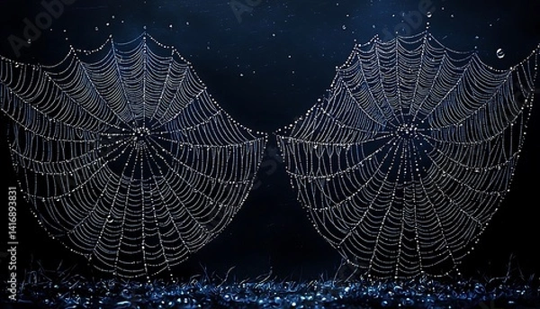 Fototapeta Two intricate spiderwebs, glistening with dew drops, against a dark backdrop.