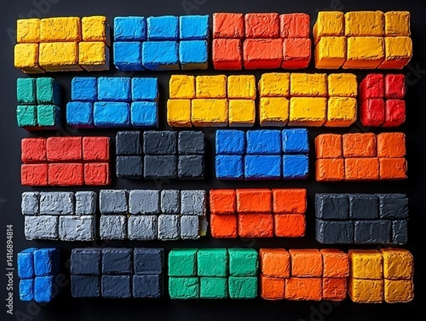 Fototapeta Colorful rectangular blocks arranged in a geometric pattern on a black surface.