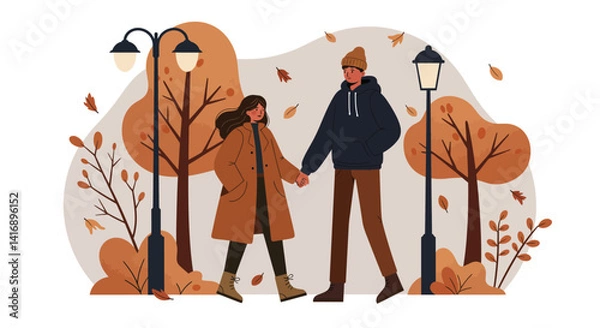 Obraz Couple holding hands walking outdoors in autumn park with falling leaves flat cozy vector illustration
