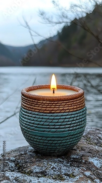 Fototapeta Scented candle in decorative teal and brown container by a lake.