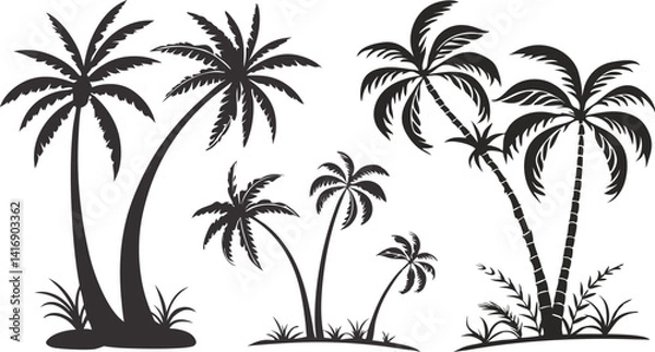 Obraz Black Palm Tree Silhouette Icons for Tropical Design | Palm Tree Silhouettes Set for Summer and Beach Art | Tropical Palm Tree Clipart Collection | Palm Tree Outline Icons for Travel