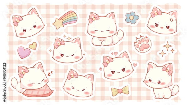 Fototapeta Set of kawaii white cat in various poses. Cute white kitten with pink bow. Animal in anime style