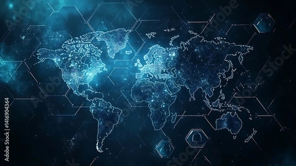 Fototapeta Digital World Map with Cybersecurity Network, Digital world map with glowing network connections and security icons