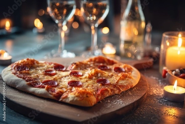 Fototapeta Heart shaped pizza for Valentine’s Day with romantic setting