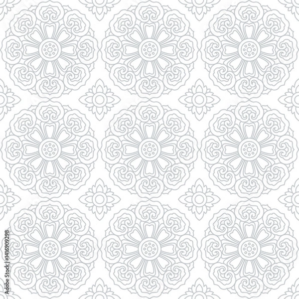 Fototapeta Blue Ornamental Seamless Pattern with Buddhist Wheel of Samsara and Azulejo Tile Motifs for fabric , wallpaper or wrapping paper. Botanical classic elegance print design.