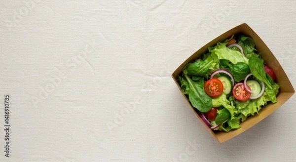 Fototapeta Salad with fresh vegetables in cardboard box on table, delicious ready meal with spinach, tomato and cucumber for healthy diet, fast delivery concept.