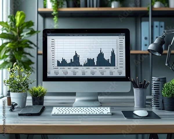 Fototapeta Graph showing steady upward growth on a computer monitor in a minimalist office setup