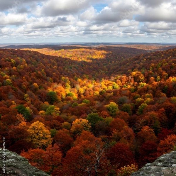 Fototapeta Autumn Forest Vista Colorful Trees and Scenic Landscape Under Cloudy Sky.