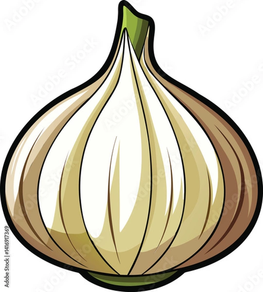 Fototapeta A cartoon depiction of a single head of garlic, rendered in a vibrant, light beige and brown color palette.
