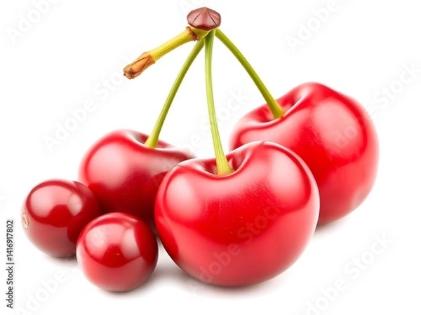 Fototapeta Close-up of Fresh Red Cherry with Stem Isolated on White Background – High-Quality Fruit Stock Photo
