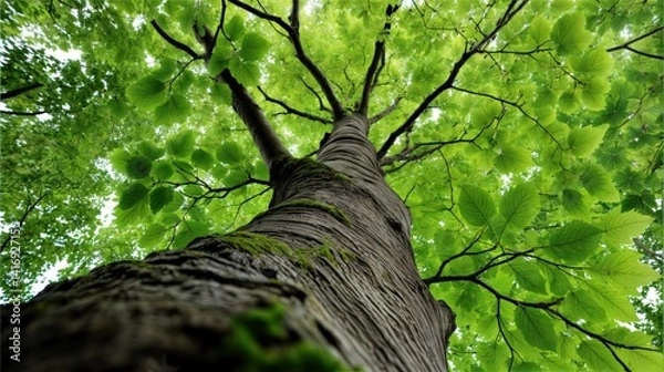 Fototapeta Looking Up at Vibrant Green Tree Canopy, Nature and Growth Perspective