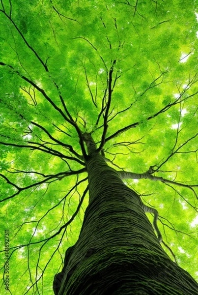 Fototapeta Looking Up at Vibrant Green Tree Canopy, Nature and Growth Perspective