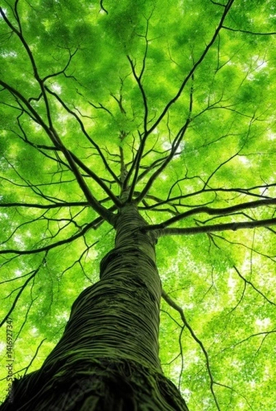 Fototapeta Looking Up at Vibrant Green Tree Canopy, Nature and Growth Perspective