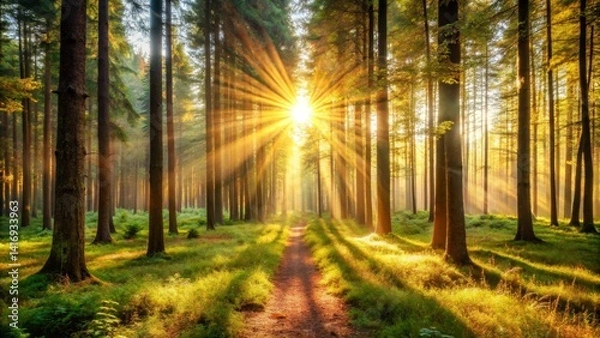 Fototapeta Sunbeams Through Forest Trees