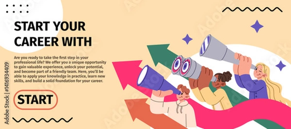 Obraz Career growth in business. Recruitment landing page. Students search job. Future work. Way arrow of choice. People looking through binoculars. Successful HR agency website design. Vector background
