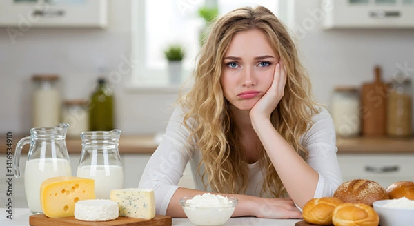 Fototapeta Sad Woman with Curly Blonde Hair Surrounded by Dairy Products on a Kitchen Table Displaying Food Intolerance
