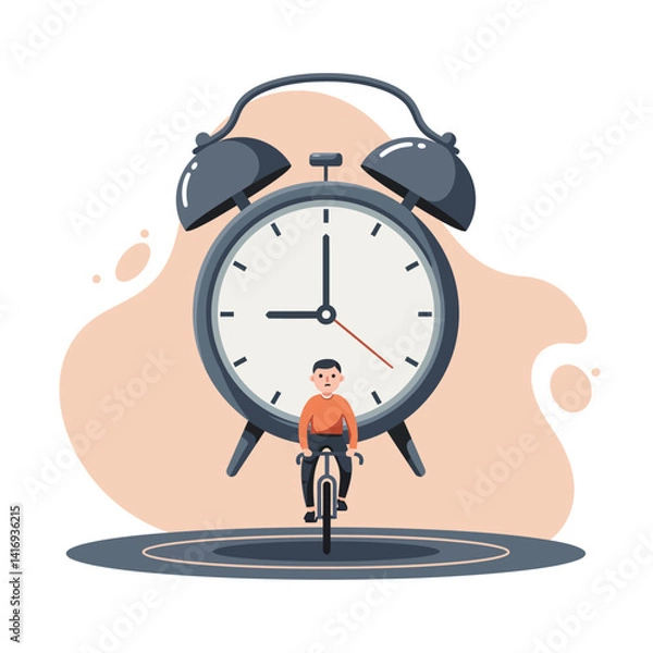 Fototapeta Young man riding bicycle in front of large vintage alarm clock symbolizing time management and daily routine balance in minimalist style