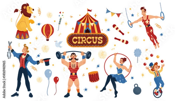Obraz Circus. Magician, clown, acrobat in entertainment show. Vintage carnival, cute animal performance. Fun festival gymnast in park. Balloon carousel. Vector tidy cartoon flat style isolated illustration