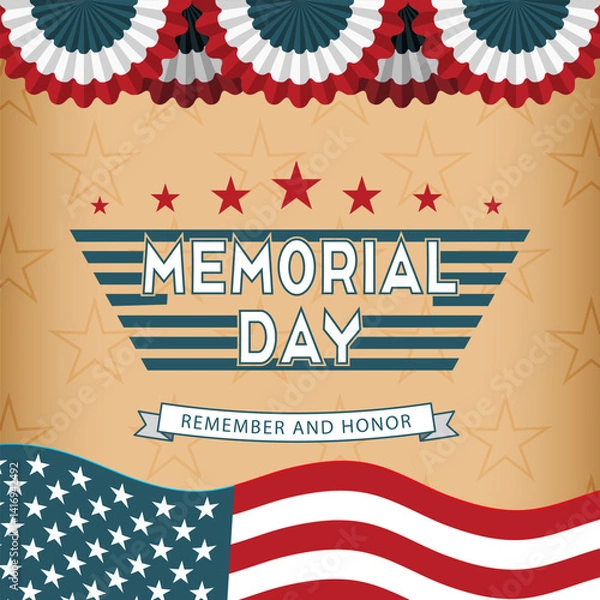 Fototapeta Memorial Day background with US national flag, stars and stripes. Remember and honor. Template for Memorial Day invitation, greeting card, banner. Vector illustration.