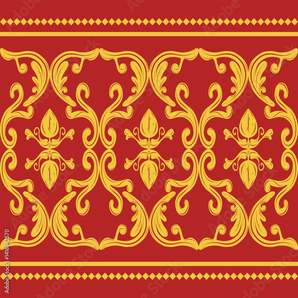 Fototapeta Classy Element Golden Buds Florals Leaves Nature Inspired Filigree on Red Background. Haute Couture Elaborate Neatly Rich Pattern for Luxury Design Tiles Ceramic Neck Shirt Wallpaper Border Embroidery