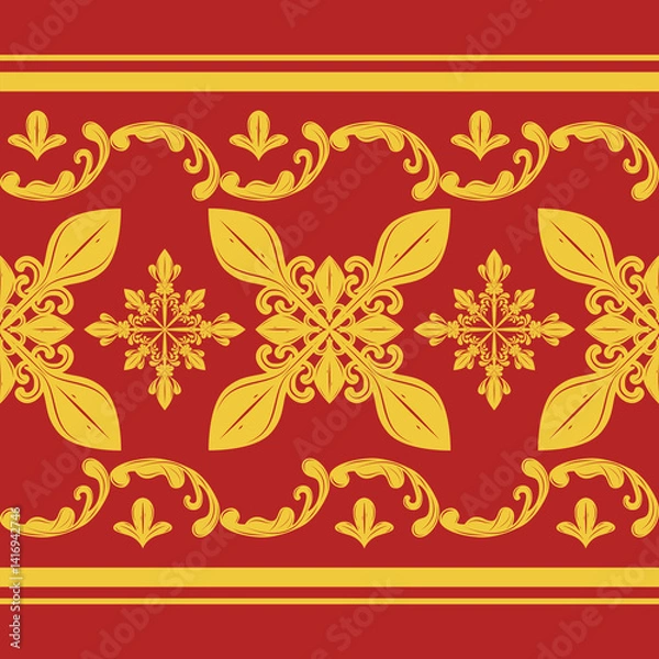 Fototapeta Damask Baroque Luxury Florals With Curly Scroll Ornament on Red Background. Delicate Royal Pattern for Silk Cross Filigree Embroidery Patch Work for Rich Decoration Silk Fabrics Wallpaper Lace Border
