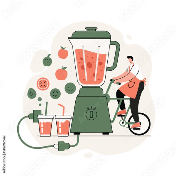 Obraz Man in apron pedaling stationary bike powering large green blender with fresh fruit slices and two juice cups in modern minimalist style