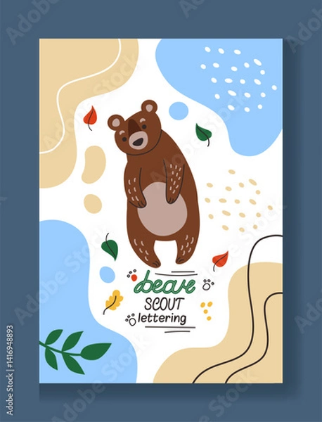 Obraz Camp poster. Cartoon forest bear. Hiking travel. Adventure journey. Abstract spots and lines. Color tree leaves. Wild mammal. Scouts vacation. Grizzly wildlife. Nature explore. Vector tourism card