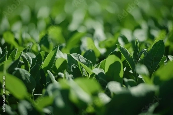 Fototapeta Lush green plants fill the frame with sunlit leaves in shallow depth