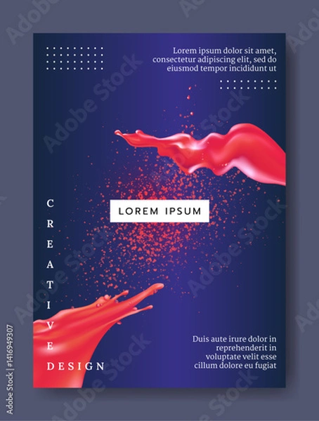 Obraz Abstract poster. Red liquid splash. 3D blood drops. Fluid droplets flow. Paint splatters wave. Stream motion. Book cover. Modern color flyer. Creative graphic brochure. Vector banner design template