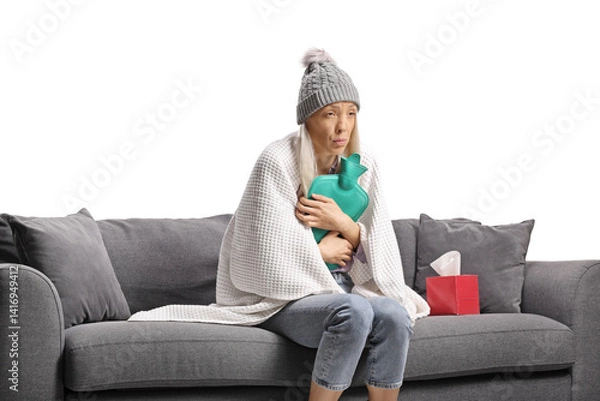 Fototapeta Young female wrapped in blanket sitting on a sofa and holding a body warmer
