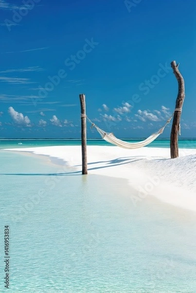 Obraz Hammock over Clear Tropical Lagoon, White Sand Beach and Relaxation Escape