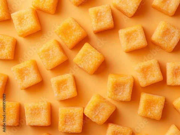 Fototapeta Delicious square orange candy pieces arranged on a vibrant background.