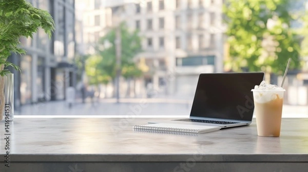 Fototapeta Laptop and iced coffee on sidewalk cafe table with blur