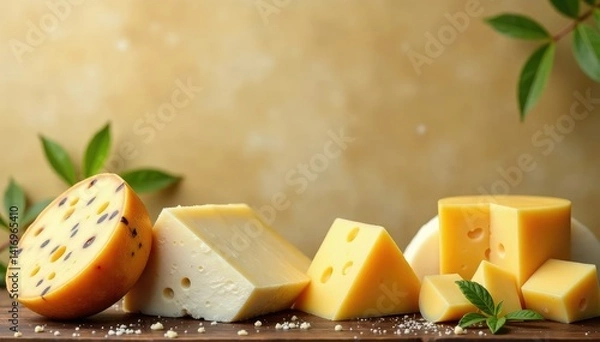 Fototapeta Elegant cheese arrangement, various types, clean backdrop , aged, provolone