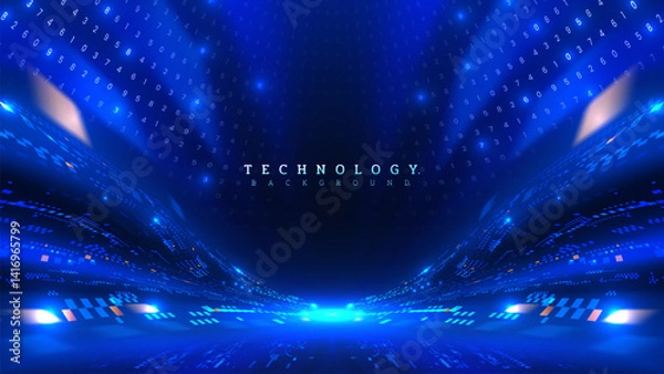 Obraz Future technology background with blue digital grid. Stage with backdrop showing big data transmission. Vector illustration.