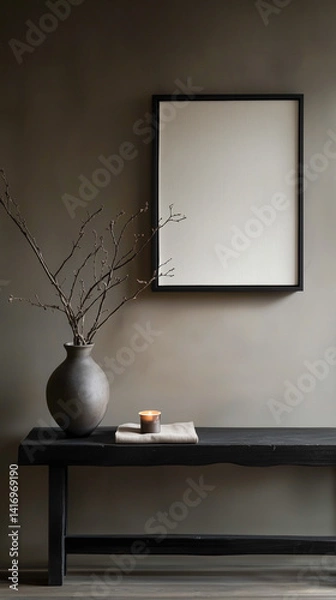 Fototapeta Blank frame mockup on a neutral wall with rustic black bench, ceramic vase with dry branches, and lit candle. Perfect for minimalist artwork or interior design presentations