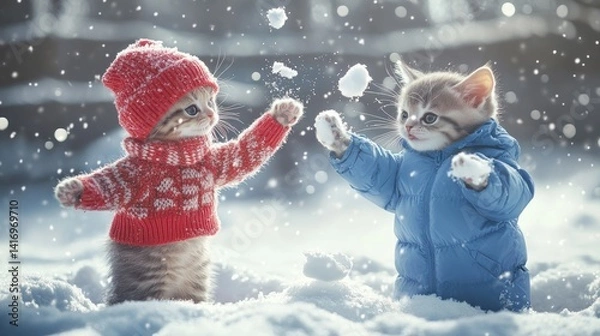 Obraz Adorable kittens playing in snow.