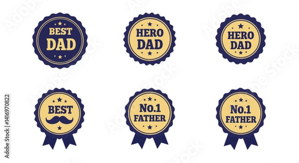 Obraz Set of six vintage style Best Dad and No 1 Father award badges with ribbon elements in flat vector illustration